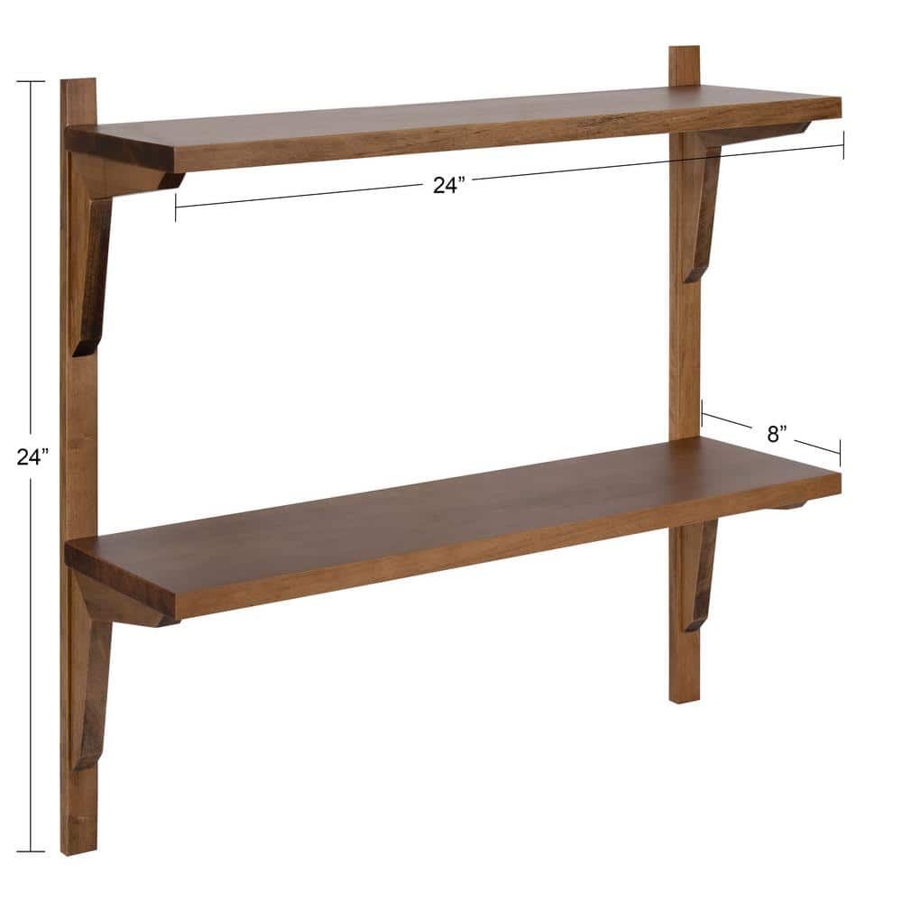 Rustic Brown Poplar Wood Floating Wall Shelf with Two Tiers