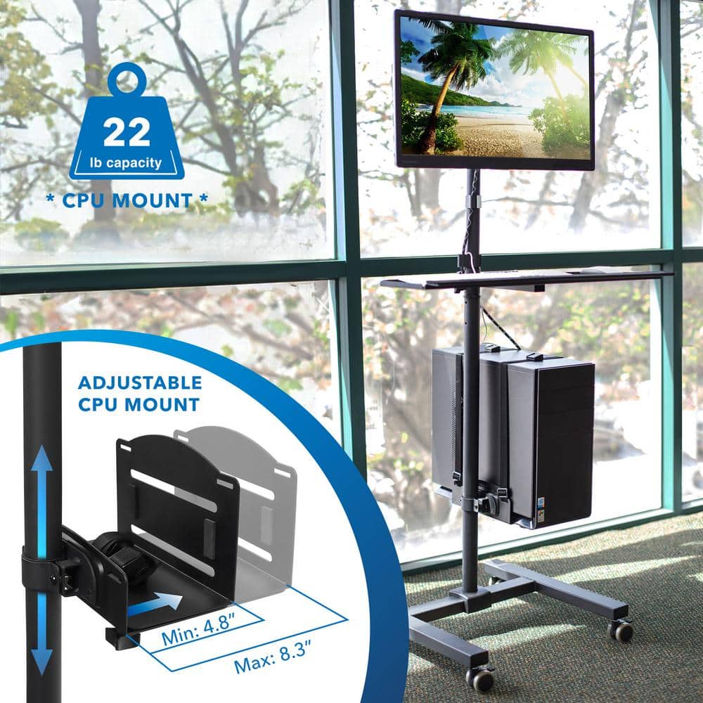 Black Height Adjustable Mobile Computer Cart with Monitor Mount and CPU Holder