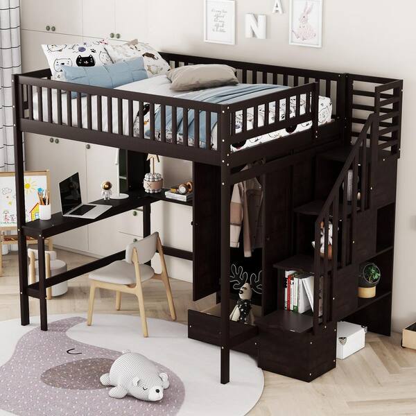 Harper & Bright Designs Espresso Full Size Wood Loft Bed with Wardrobe, Built-in Desk, Multiple Shelves, Drawers and Storage Staircase