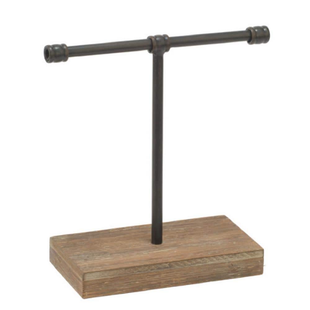 Small Black Metal T-Bar Jewelry Stand with Wooden Base