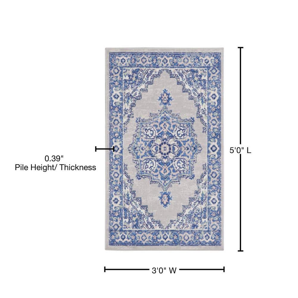 Bohemian Grey Blue Floral Round Synthetic Area Rug
