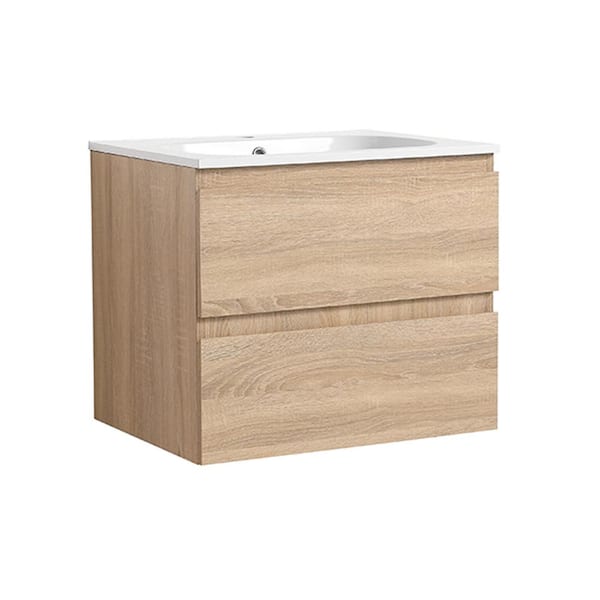 INSTER PETIT 24 in. W x 18.1 in. D x 20.25 in. H Single Sink Wall Mount Bath Vanity in Light Oak with White Gel Resin Top Sink