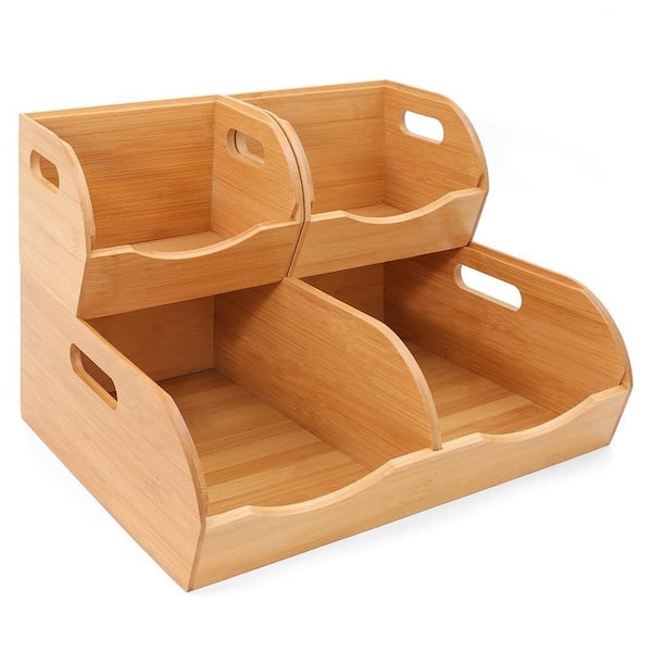 Natural Bamboo Stackable Pantry Organizer with 3 Piece Storage Basket Set for Potato Onion Kitchen Cabinet