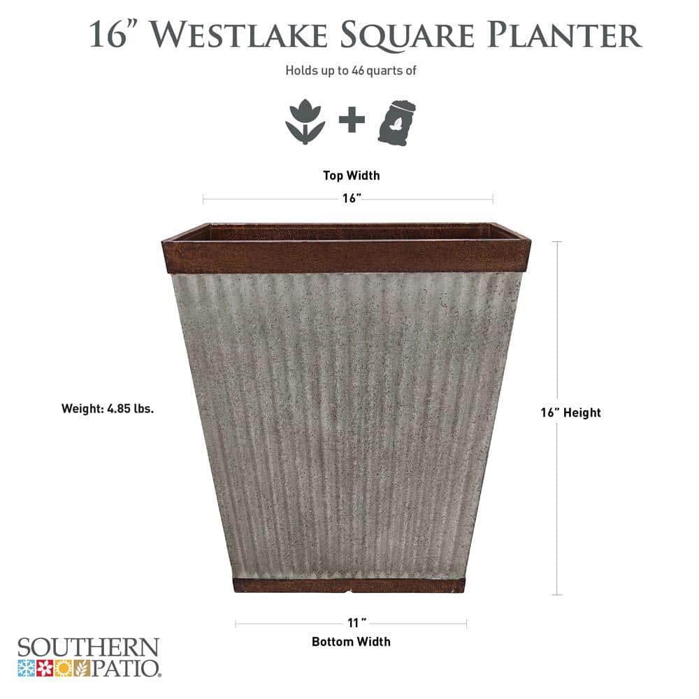 16" Rustic Galvanized Resin Square Planter