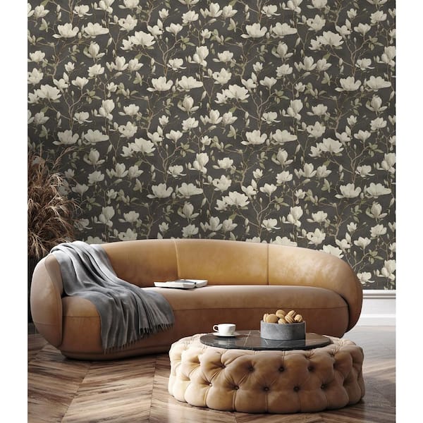 Walls Republic Charcoal Meandering Magnolias Print Non Woven Non-Pasted Textured Wallpaper 57 Sq. Ft.