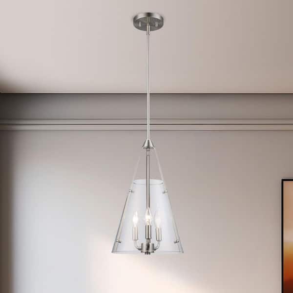 Bel Air Lighting Alivia 11 in. 3-Light Brushed Nickel Pendant Light Fixture with Clear Glass Shade