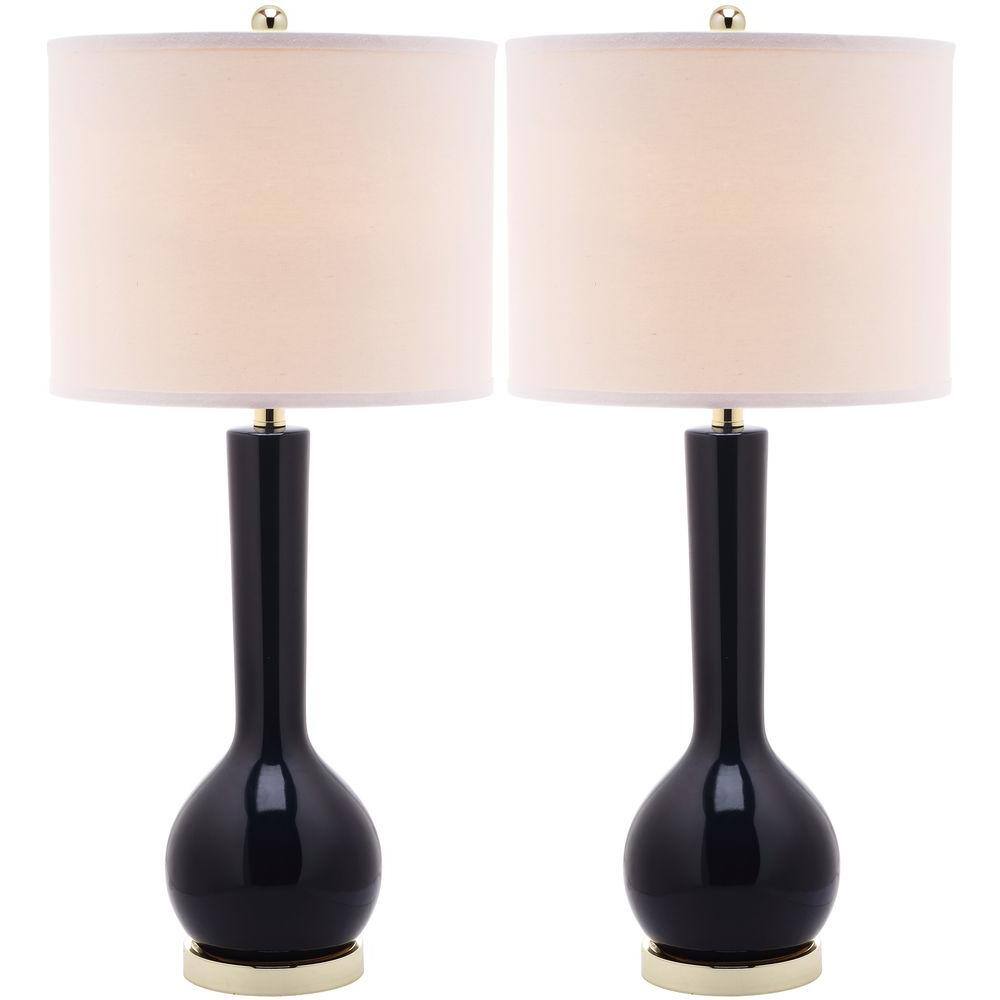 Navy Ceramic Long Neck Table Lamp Set with White Shade