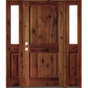 64 in. x 80 in. Rustic Alder Square Red Chestnut Stained Wood V-Groove Right Hand Single Prehung Front Door