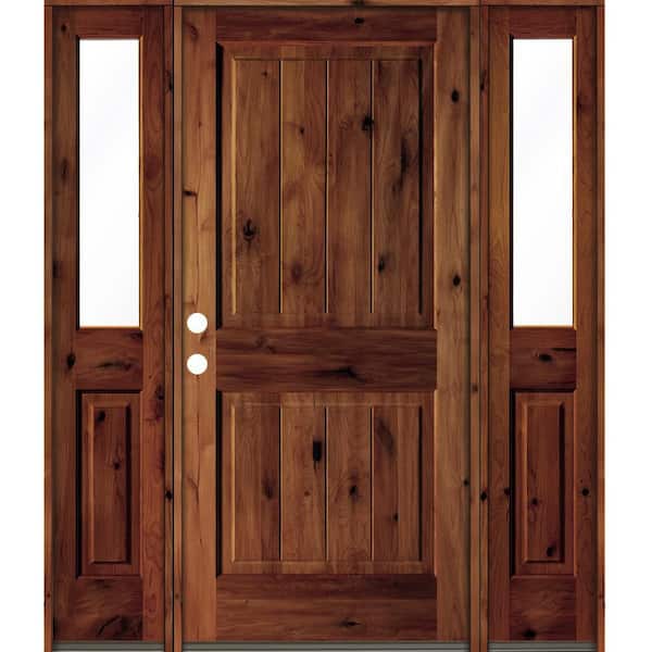 Krosswood Doors 64 in. x 80 in. Rustic Alder Square Red Chestnut Stained Wood V-Groove Right Hand Single Prehung Front Door