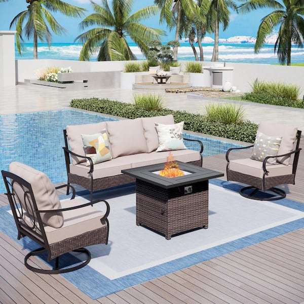 PHI VILLA Black Rattan 4-Piece Steel Outdoor Patio Conversation Set with Beige Cushions & Square Wicker Fire Pit Table