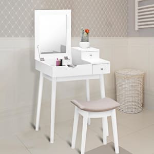 White Armoire Vanity 2-Drawers Dressing Table Set Flip-type Desktop with Mirror Stool 23.5 in. x 19.5 in. x 30 in.