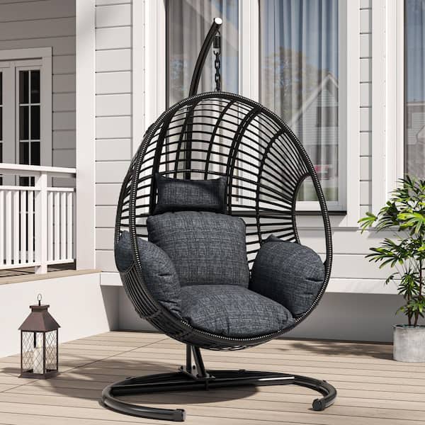High-End Black Wicker Steel Outdoor Patio Swing Egg Chair with Dark Gray Cushion