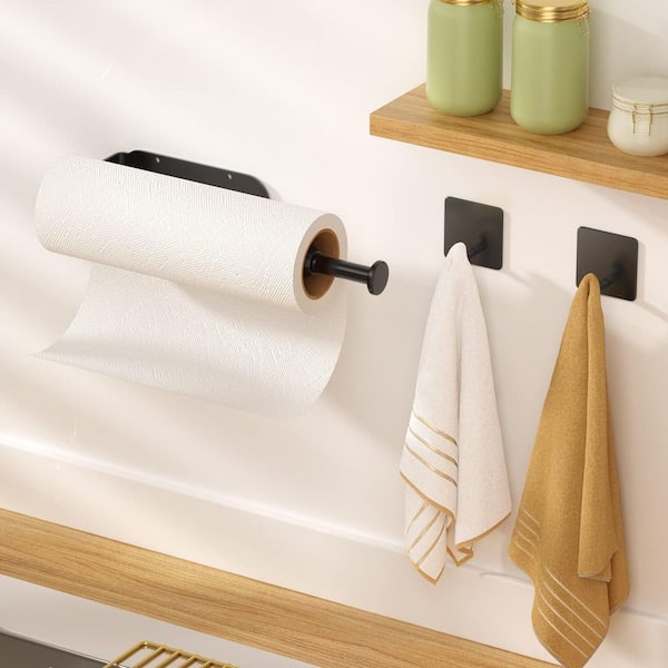 Wall Mount Black Paper Towel Holder Single Hand Operable Stainless Steel Self-Adhesive or Drilled for Kitchen
