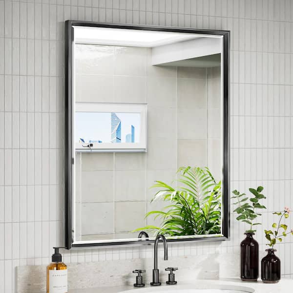 OnaBella 30 in. W x 36 in. H Rectangular Aluminum Thin Framed Wall Mount Beveled Bathroom Vanity Mirror in Black