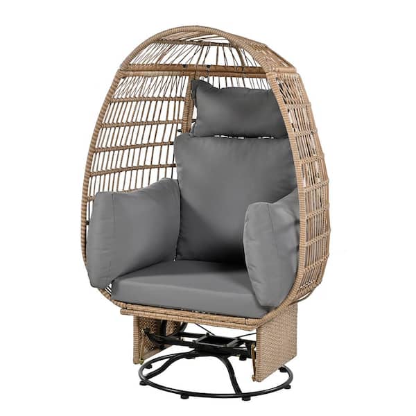 COOLSHARK Outdoor Large Swivel Egg Chair Natural Rattan Patio Chair with Rocking Function Gray Cushion 350 lbs.
