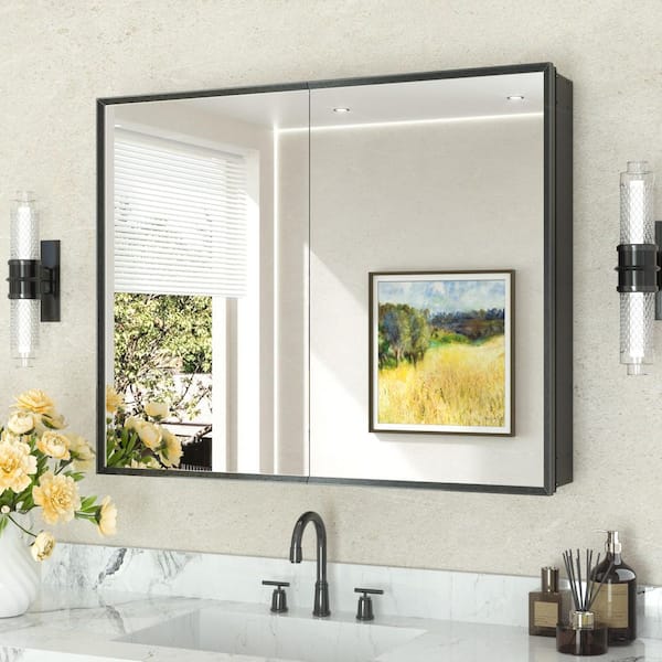 40 in. W x 32 in. H Rectangular Aluminum Medicine Cabinet with Mirror in Black