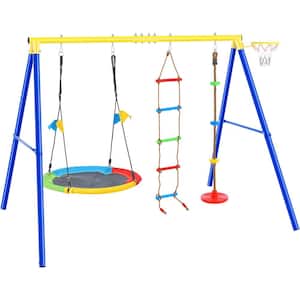 4-in-1 Multicolor Outdoor Playground Swing Set with Saucer Swing, Climbing Rope, Disc Tree Swing, Basketball Hoop