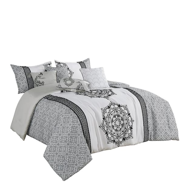 Shatex 7-Piece All Season Bedding Comforter Set, Ultra Soft Polyester Elegant Bedding Comforter Gray Queen