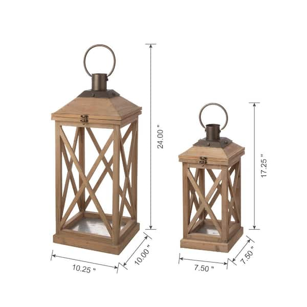 Glitzhome Rustic Farmhouse Wooden Lantern Set of 2, Brown Fir Wood,  Galvanized Base, Indoor Use, Candle Not Included in the Candle Holders  department at