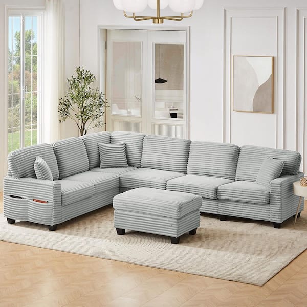 125.2 in. Square Arm Corduroy Upholstered L-shaped Sectional Sofa Sofa in. Gray with a Movable Ottoman