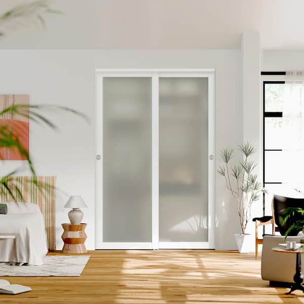 TENONER 60 in. x 80 in. Solid Core, White MDF Double Slide, Frosted Glass, 1-Lite Sliding Door with Handle & All Hardware