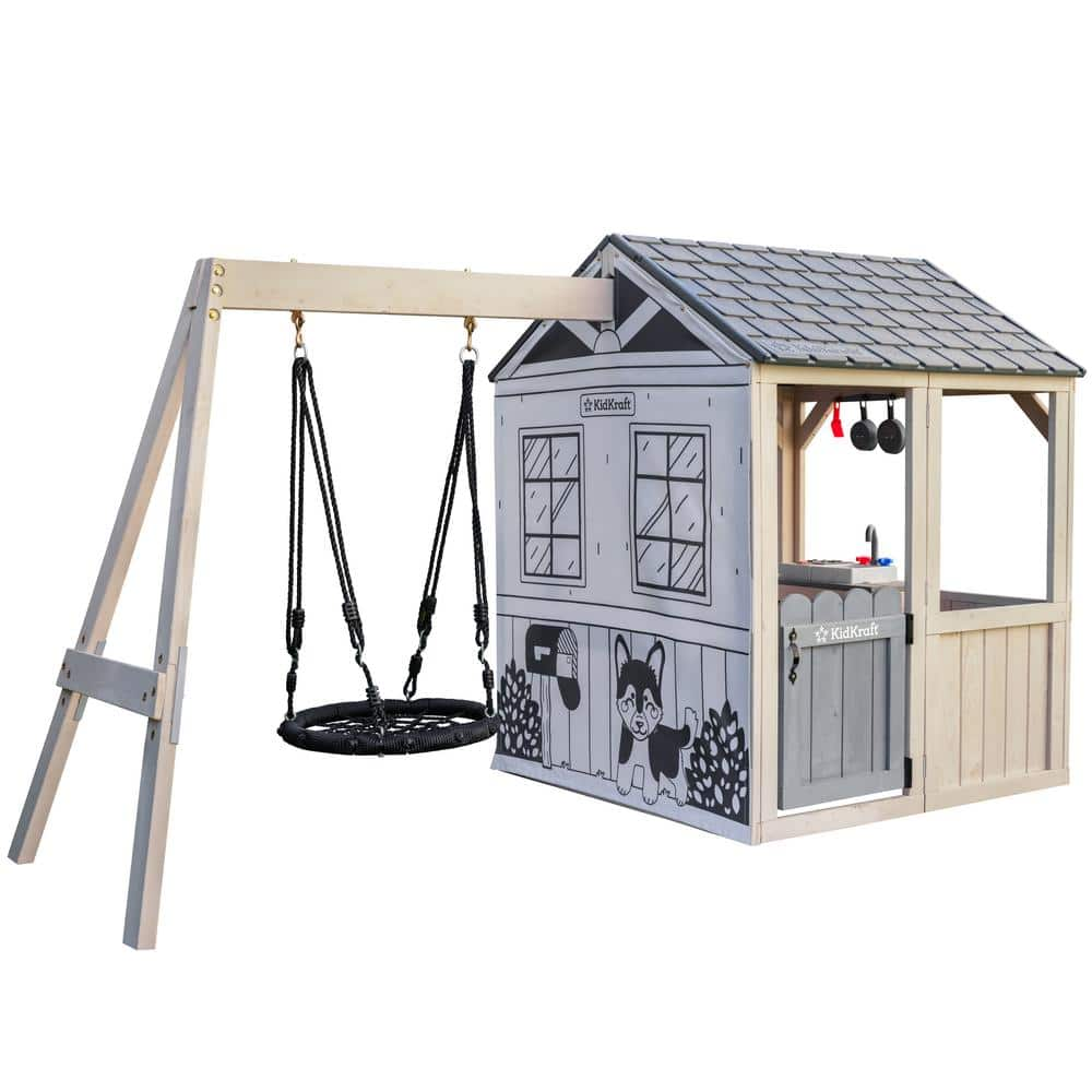 KidKraft Savannah Swing Wooden Outdoor Playset with Web Swing and Play Kitchen