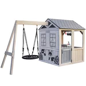 Savannah Swing Wooden Outdoor Playset with Web Swing and Play Kitchen
