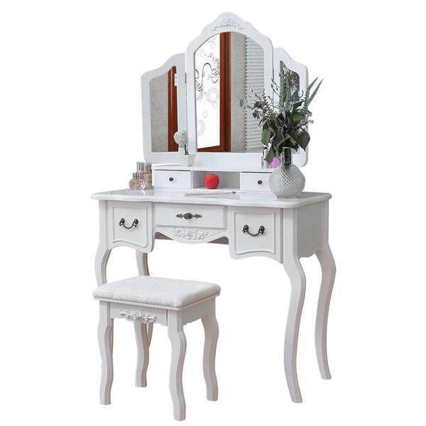 FDW Makeup Vanity Table Set Tri-Folding Mirror Makeup Table With 5 ...