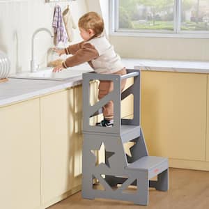 Natural Pine Wood Toddler Step Stool 150 Lbs. Load Standing Tower Learning Stool with Safety Rail for Home Kids, Gray
