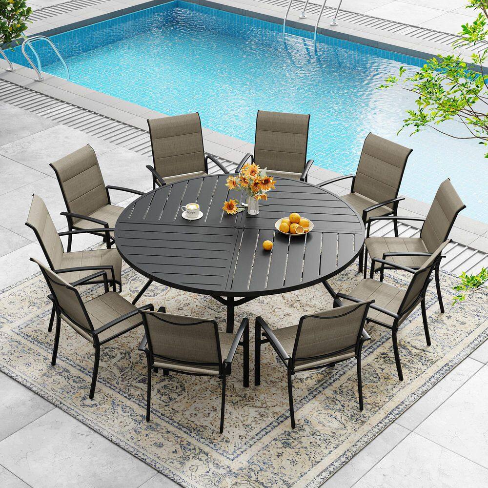 11 Piece Metal Outdoor Dining Set with 59.8'' Black Round Table and 10 Brown Stackable Padded Textilene Dining Chairs price history on PriceWatchPro