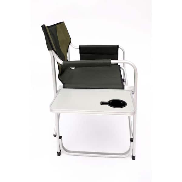 Aluminum Outdoor Green Folding Camping Chair. Attached Side Table and Storage Pockets Convenient and Portable