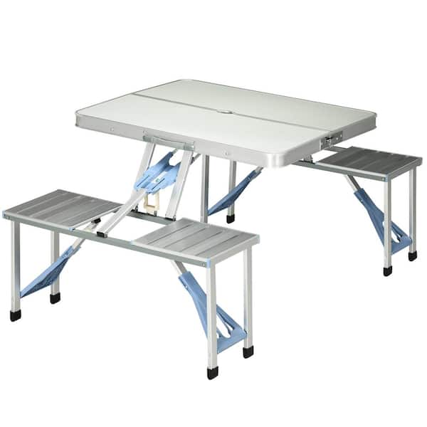Sudzendf 53.5 in. Silver Rectangle Aluminum Folding Picnic Table with Umbrella Hole, Suitcase Portable Outdoor Table with Bench