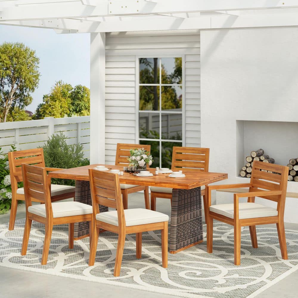 Seth 7-Piece Sandblast Solid Wood Patio Outdoor Dining Set with Beige Cushions, Teak Finish+Grey Wicker