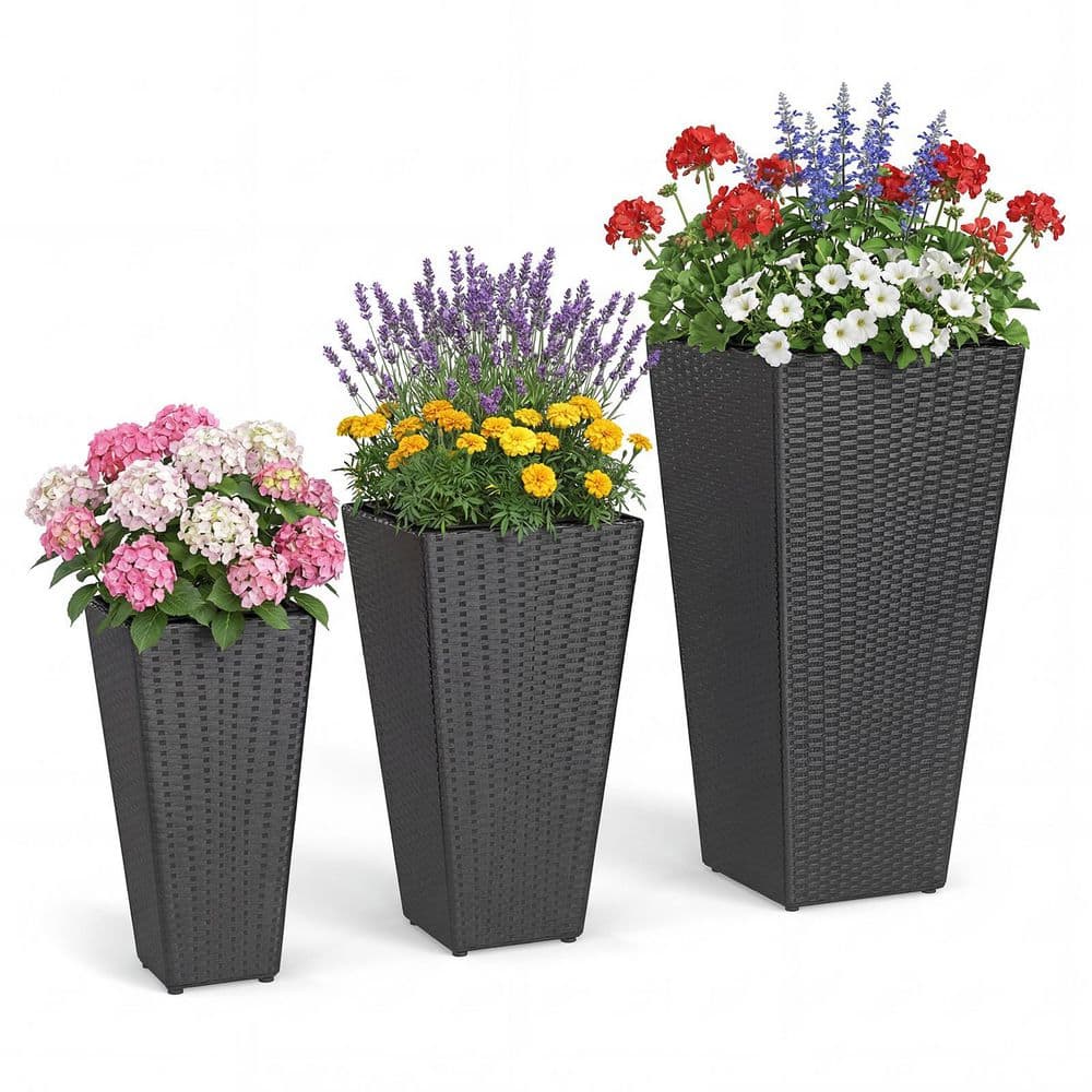 フラワー・ガーデニング BOTANIZE Plastic Pot Bowl SP 3set 3-Piece Tapered Wicker Planter Set with PP Rattan Plant Boxes and