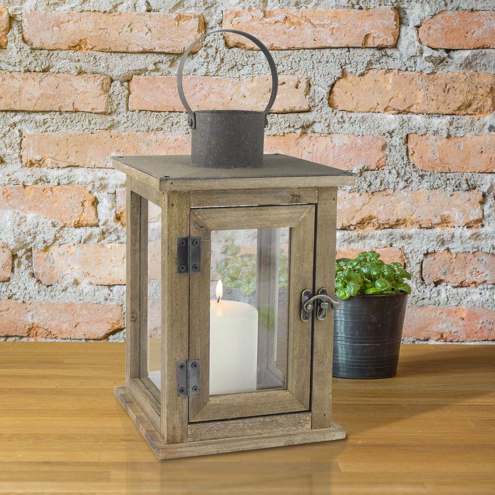 Rustic Farmhouse Wood and Bronze Hurricane Candle Lantern, 12"
