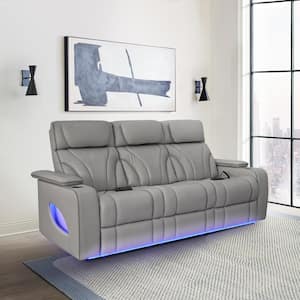 Octavia 86 in. Padded Arm Leather Contemporary Power Reclining Sofa with Heat and Massage in Silver and Gray