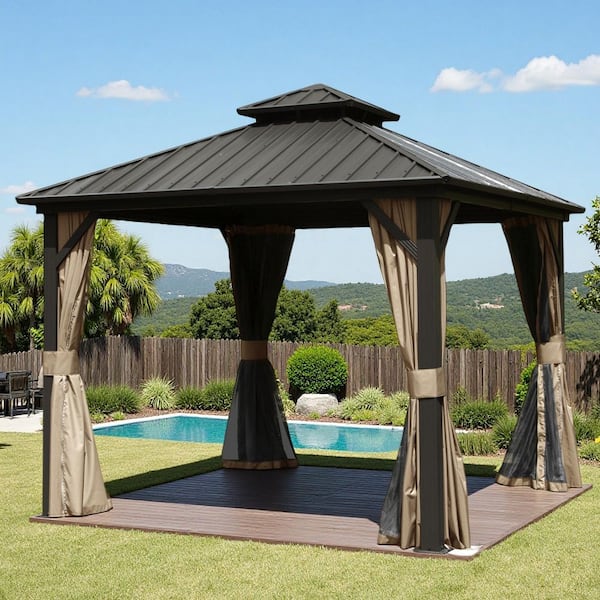 8 ft. x 8 ft. Brown Hardtop Gazebo, Aluminum Metal Gazebo with Galvanized Steel Double Roof Canopy, Curtain and Netting