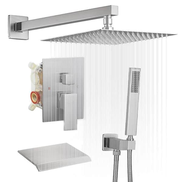 Fapully Single-Handle 3-Spray 10 in. Shower Head Tub and Shower Faucet 2.5 GPM in Brushed Nickel Valve Included
