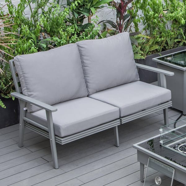 Leisuremod Walbrooke Modern Patio Loveseat with Grey Aluminum Frame and Grey Removable Cushions