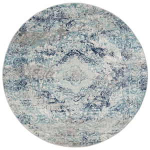 Madison Ivory/Blue 7 ft. x 7 ft. Geometric Border Floral Medallion Round Area Rug