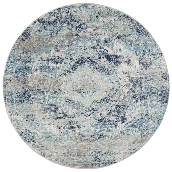 SAFAVIEH Madison Ivory/Blue 7 ft. x 7 ft. Geometric Border Floral Medallion Round Area Rug