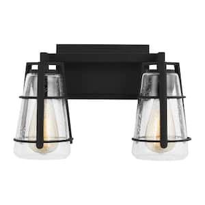 Adelaide 14.5 in. 2-Light Matte Black Craftsman Transitional Bathroom Vanity Light with Clear Seeded Glass Shades