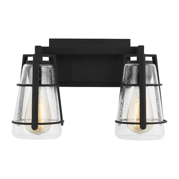 Generation Lighting Adelaide 14.5 in. 2-Light Matte Black Craftsman Transitional Bathroom Vanity Light with Clear Seeded Glass Shades