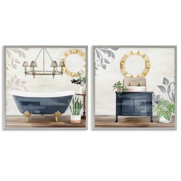 Chic Bathroom Interior Still Life by Kim Allen 2-Piece Gray Framed Giclee Art Print Typography 12 in. x 12 in.