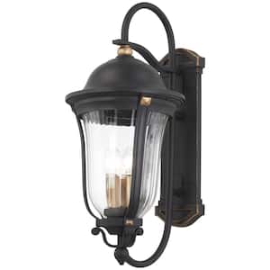 Peale Street 3-Light Sand Black and Vermeil Gold Hardwired Outdoor Wall Lantern Sconce with Clear Ribbed Glass