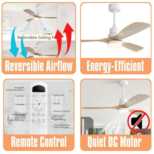 Wooden Series 52 in. Brown Smart Low Profile 3-Blade Ceiling Fan with Dimmable LED Light with Remote,Downrod Mount