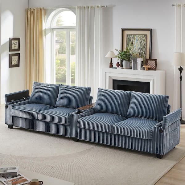 Luxury Collection 133 in. Square Arm Corduroy Modern Rectangle 4-Seater Sofa in Blue with Storage and USB Ports
