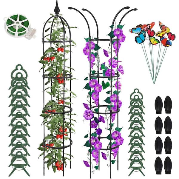Phewnyzo 79.2 in. Obelisk Trellis with Twist Tie, Clips & Butterflies, Rustproof Coated Metal Support for Vines Rose (2-Pack)