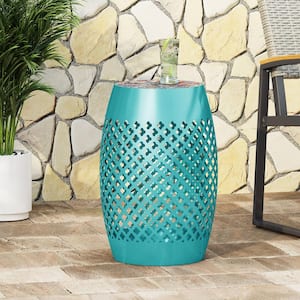 Roswell Teal Cylinder Metal Outdoor Patio Side Table with Multi-Color Tile Top