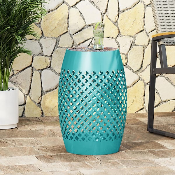 Noble House Roswell Teal Cylinder Metal Outdoor Patio Side Table with Multi-Color Tile Top